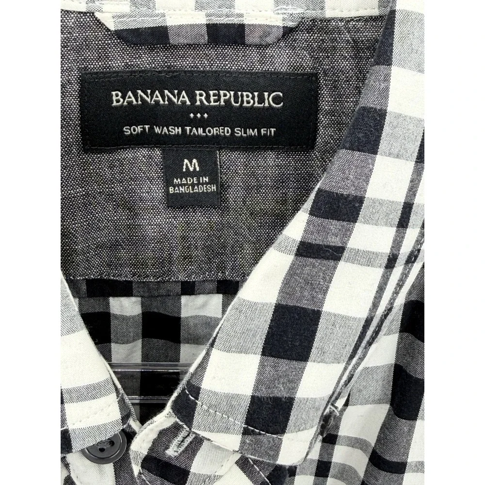 Banana Republic Shirt Mens Medium Black Soft Wash Tailored Slim Fit Plaid Preppy